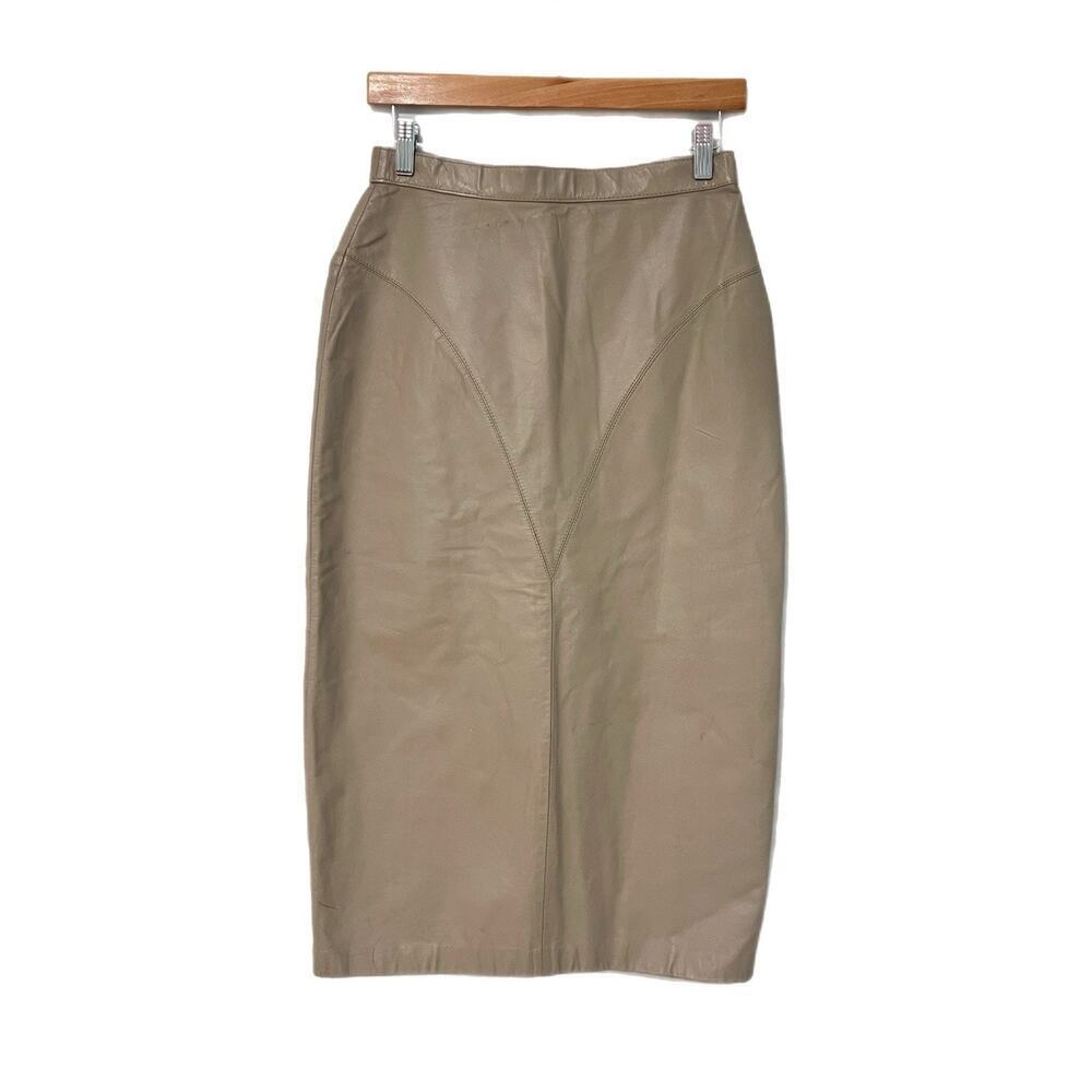 Vintage 80s Tan Beige Leather Skirt Knee Length Size 9/10 FITS SMALL Classic